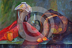 ArtistÃ¢â¬â¢s painting. Still life painted with art oil paints photo